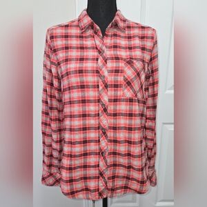 Abercrombie & Fitch Women's Orange and Brown Plaid Button-Up Shirt